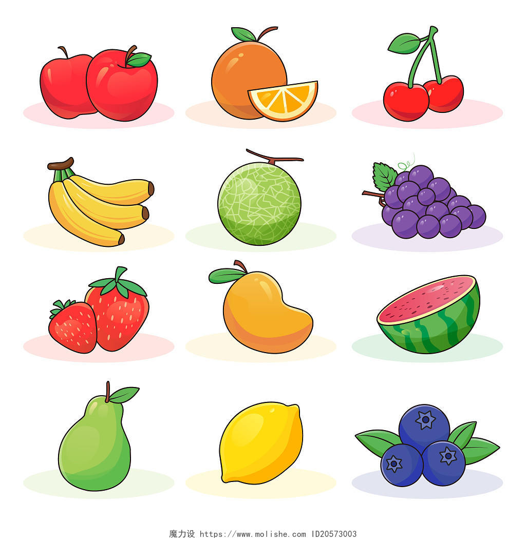 水果苹果橘子樱桃香蕉哈密瓜葡萄草莓芒果西瓜梨矢量图实图水果实图水果元素